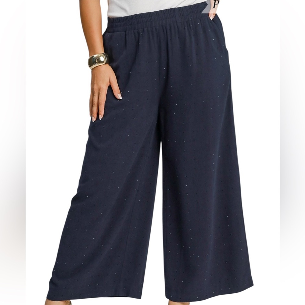 Umgee Wide Leg Pull On Cropped Linen/Cotton Rhinestone Embellished Navy Pant
